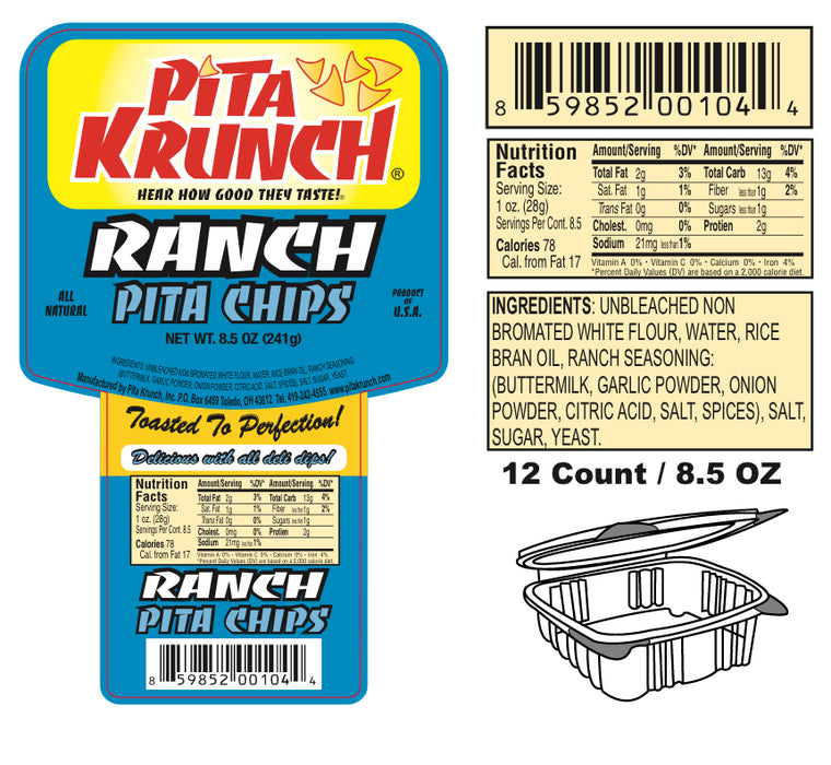 Pita Krunch Ranch Pita Chips 6.5oz. Pita Chips Pita Krunch 12 Pack.  