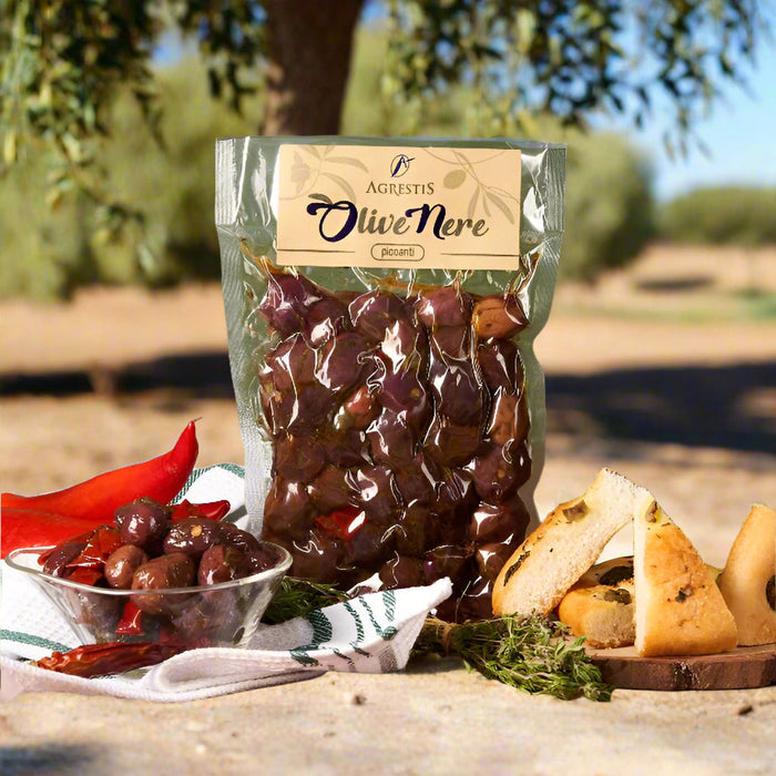 Agrestis Spicy Black Olives 300g. MADE IN ITALY olives Agrestis
