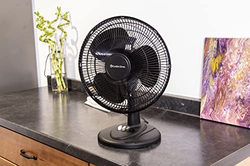 Comfort Zone 12” 3-Speed Oscillating Table Fan with Adjustable Tilt,  Convenient Push Button Controls, Quiet Operation, Ideal for Home, Bedroom,  Dorm 